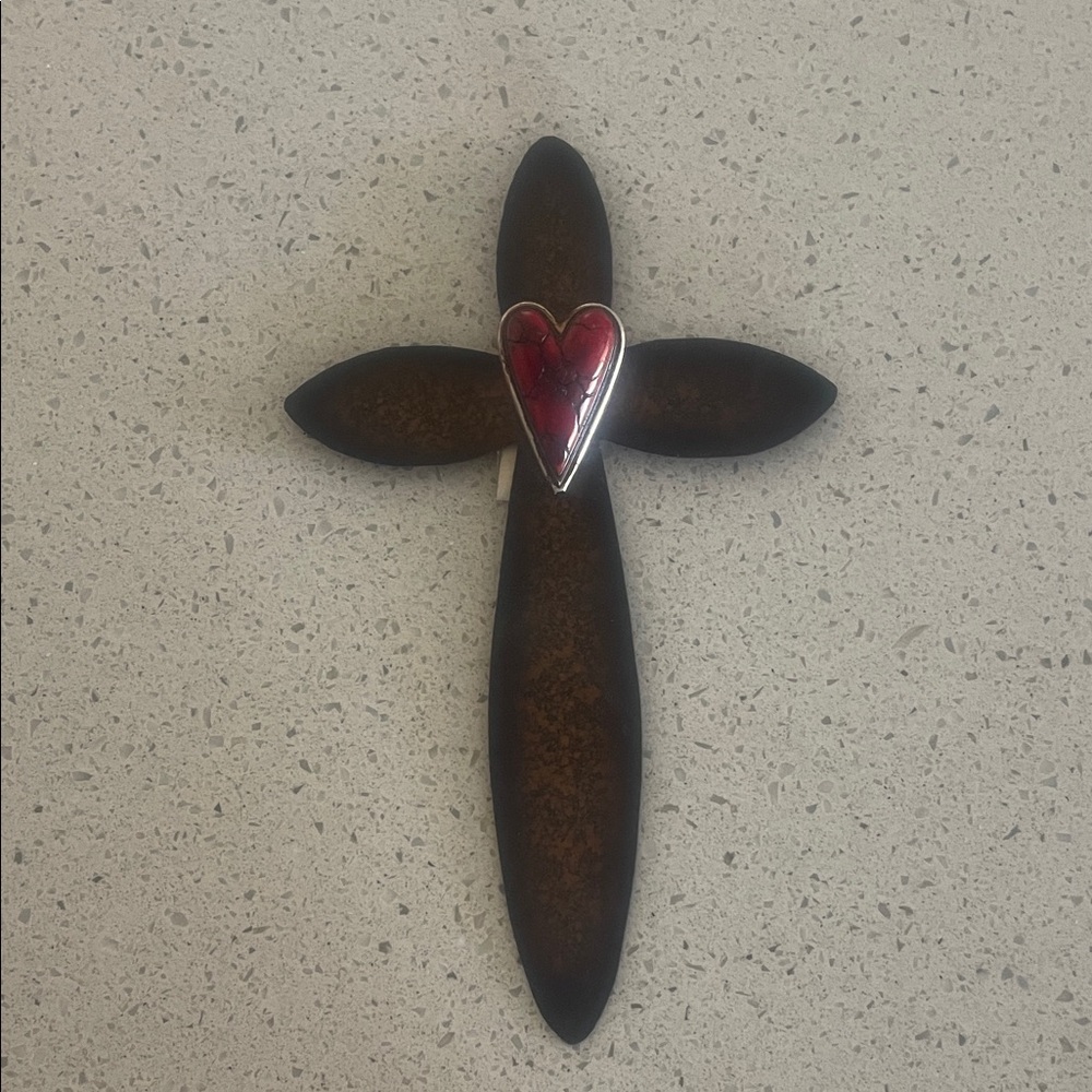 Brown Cross with Red Heart Accent